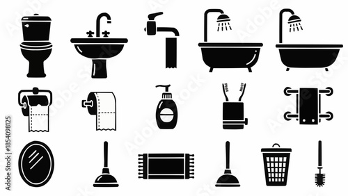 Black Bathroom Icons and Accessories Collection.