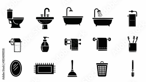 Collection of Black Bathroom Icons Symbols.