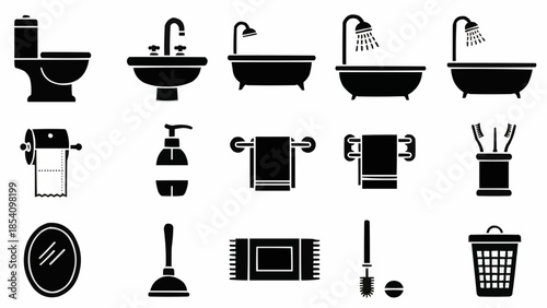 Black Bathroom Fixtures and Accessories Icons.