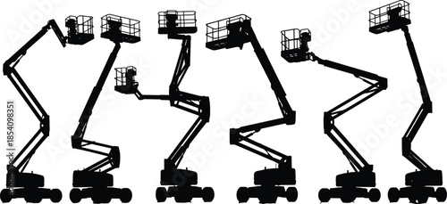 Articulating boom lift and cherry picker silhouettes set showing aerial work platforms in various positions isolated on white background for construction and industrial concepts