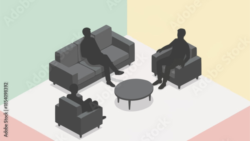 Two People Sitting on Sofas in Living Room.