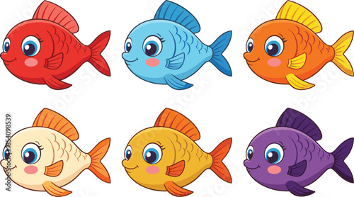 Set of cute colorful cartoon fish characters with large eyes and friendly smiles isolated on white background for kids.