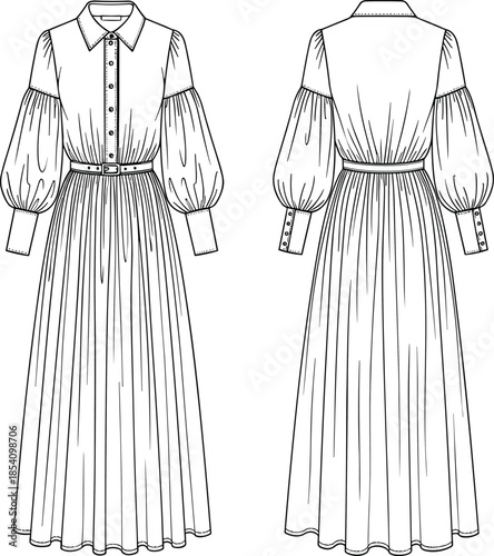 Front and back view long sleeve pleated maxi dress, technical fashion flat sketch, women apparel design, elegant garment illustration