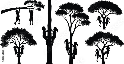 Children playing and climbing tree silhouettes set showing joyful outdoor childhood activities in nature isolated on white background for lifestyle concepts