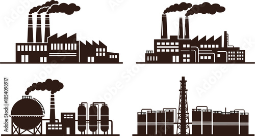 Industrial factory and power plant silhouettes set showing manufacturing buildings, smokestacks, refineries, and energy facilities isolated on white background