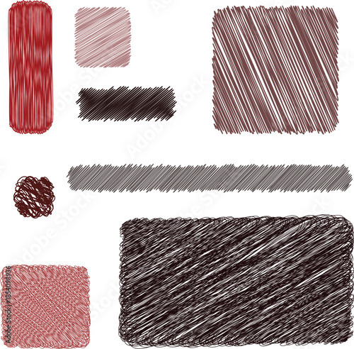 Swatches of various textured fabrics in shades of red brown and gray