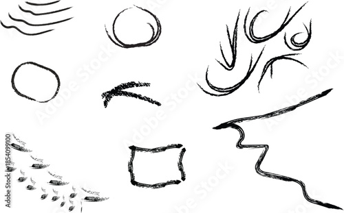 Collection of abstract shapes and lines in a sketch like drawing