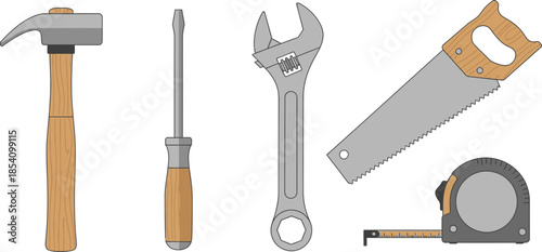 Flat illustration set of 5 carpenter tools hammer wrench screwdriver saw and tape measure