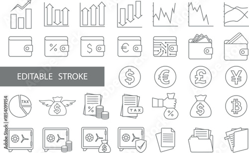 A set of gray linear editable vector icons on finance and business topics.