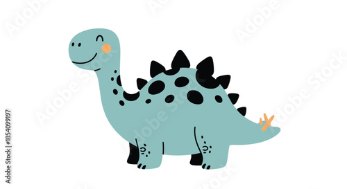 Cute blue cartoon dinosaur with black spots and a spiky back smiling happily on a clean white background.