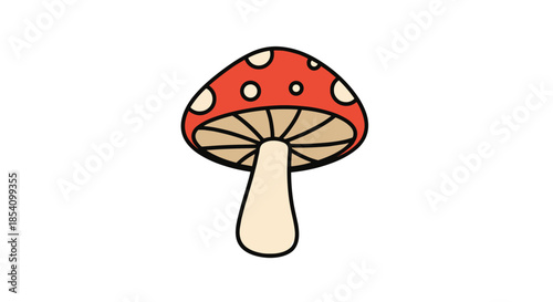 Simple cartoon illustration of a red toadstool mushroom with white spots and a thick beige stem on a white background.