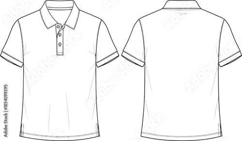 Polo shirt technical fashion illustration, front and back view, short sleeve casual apparel design, classic menswear top drawing