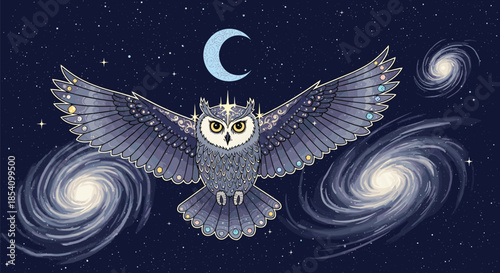 Majestic owl with spread wings soaring through a starry cosmic sky featuring distant spiral galaxies and a crescent moon.