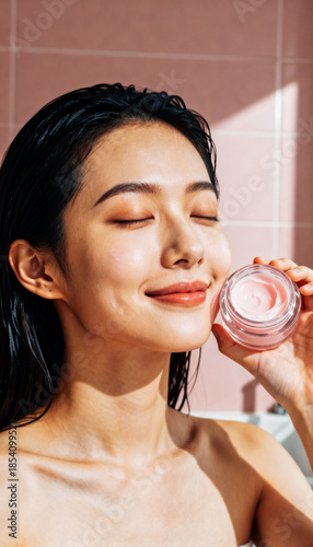 Blissful skincare routine with smiling young east asian woman using face cream