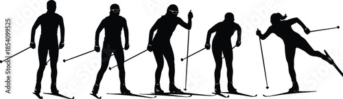 Cross country skiing athlete silhouettes set showing winter sport motion poses isolated on white background for outdoor fitness concepts