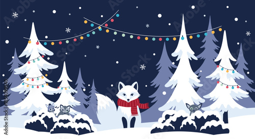 Charming winter landscape illustration featuring a white fox in a red scarf and squirrels among snow-covered trees and lights.