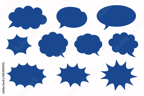 Blue comic speech bubble and cloud shape set, flat cartoon vector elements for dialogue, messages, stickers, comics, social media and graphic design