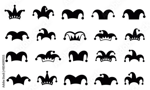 Jester and carnival hat silhouette icon collection, festive playful vector elements for party invitations, celebration graphics and costume design