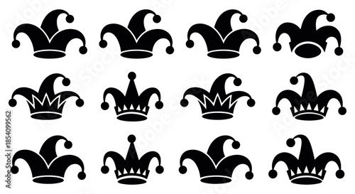 Jester hat and crown silhouette pattern set, playful carnival themed vector icons for party design, festival graphics, costumes and decoration