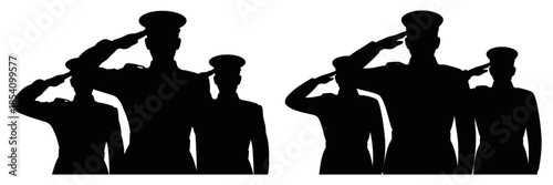 Group of saluting soldiers silhouette set, military team vector illustration for patriotic themes, defense graphics and ceremonial design