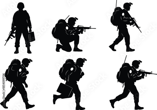 Military soldier silhouettes collection showing armed combat troops tactical poses black vector illustrations for war defense security design projects