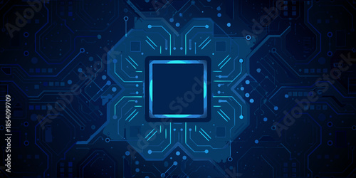 Abstract blue circuit board design with a central processor component highlighted