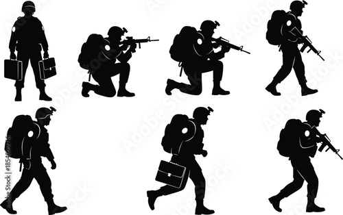 Military soldier silhouettes set showing armed troops in tactical combat poses black vector illustrations for defense security projects graphic design