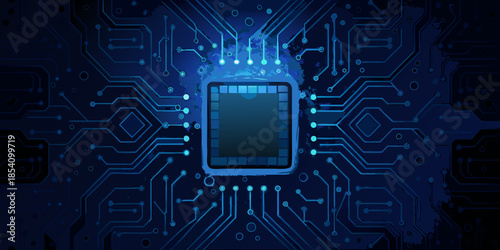 Intricate circuitry and a central processing unit illuminated in vibrant blue tones