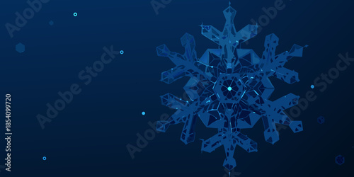 A detailed polygonal snowflake illustration against a dark blue background