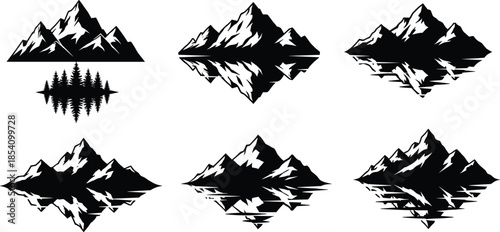 Mountain reflection silhouette collection black vector illustrations featuring alpine peaks mirrored lakes minimalist nature landscape design elements for branding projects