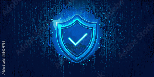 A glowing blue shield with a checkmark symbol against a digital rain backdrop