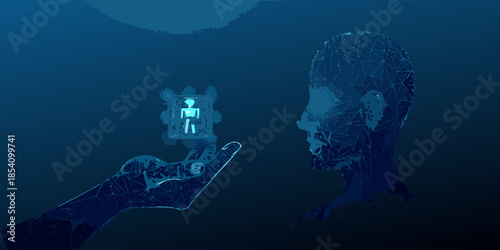 Human hand offering a glowing robotic figure to a polygonal head