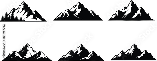 Mountain silhouette collection black vector illustrations featuring alpine peaks forest elements minimalist nature landscape designs for logo branding posters