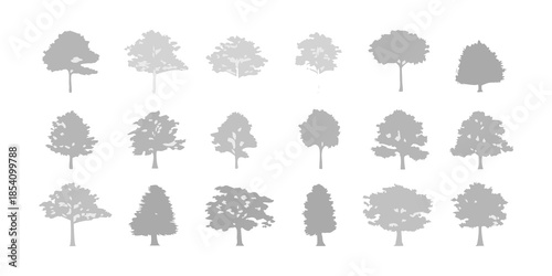 A collection of diverse tree silhouettes arranged in a grid pattern