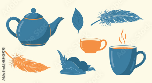 Cozy still life collection of a blue teapot, matching mug, orange cup, feathers and leaves on a light cream background.