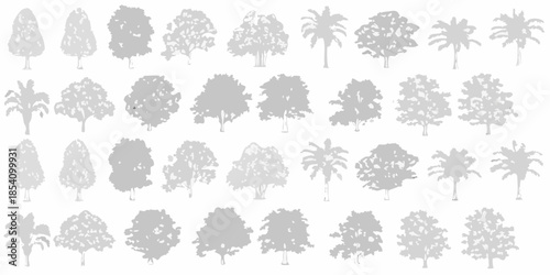 Collection of various tree silhouettes in shades of gray and white