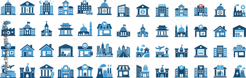 Collection of blue monochromatic building and architecture icons representing various government commercial residential and religious structures for interface design