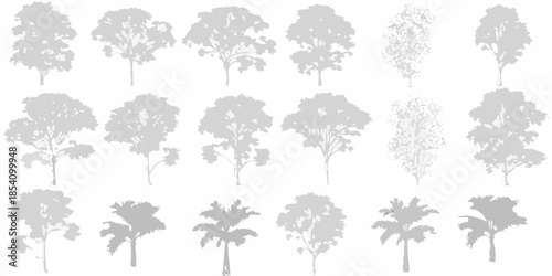 A collection of diverse tree silhouettes in varying shapes and sizes