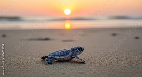 A baby sea turtle on a sandy beach at sunset.