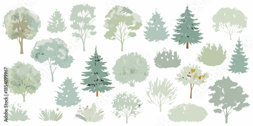 A collection of stylized trees and bushes in various shapes and shades