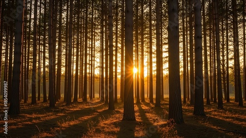 Radiant Golden Sunburst Illuminating Serene Pine Forest with Dramatic Long Shadows at Sunset.