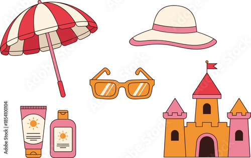 Summer beach accessories vector illustration set with umbrella, sun hat, sunglasses, sunscreen and sandcastle icons