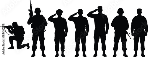 Military soldier silhouettes set showing armed forces personnel standing, saluting, and aiming isolated on white background for defense concepts
