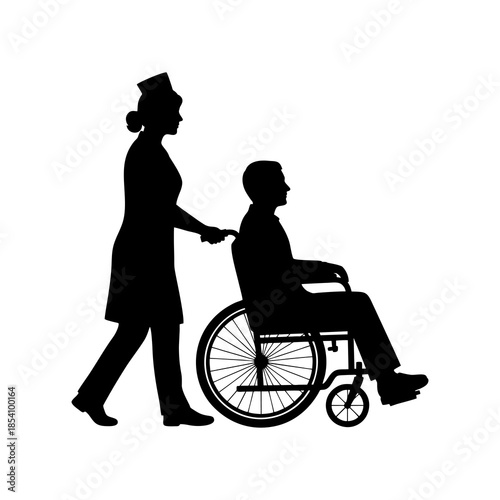 Silhouette of a nurse pushing a sick patient in a wheelchair