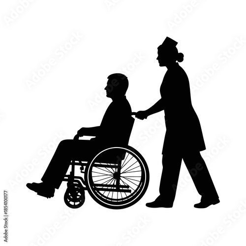 Silhouette of a nurse pushing a sick patient in a wheelchair