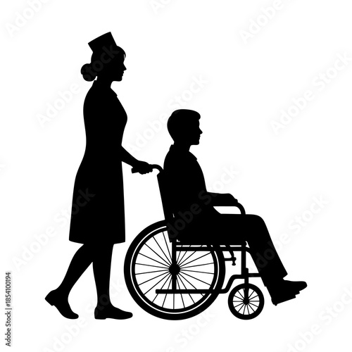 Silhouette of a nurse pushing a sick patient in a wheelchair