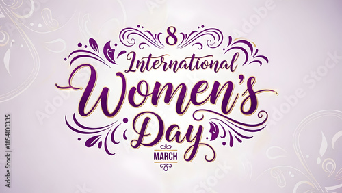 International women s day celebration logo with purple text and ornate design