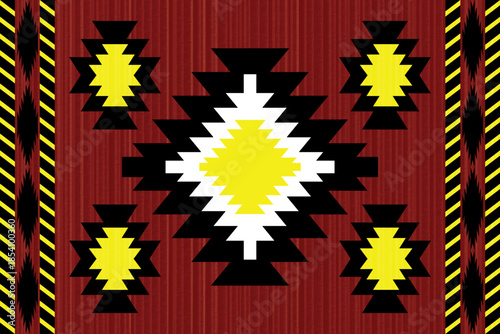 Bold geometric tribal pattern background inspired by Southwestern and Native American textile art. Symmetrical zigzag shapes in black, yellow, and white on a red textured background. Ideal for fabric 