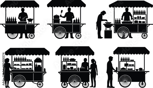 Street food vendor silhouettes set showing traditional food carts, cooking scenes, customers, and urban outdoor market lifestyle concepts