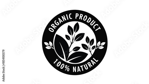 A black and white circular label displaying organic product and natural elements